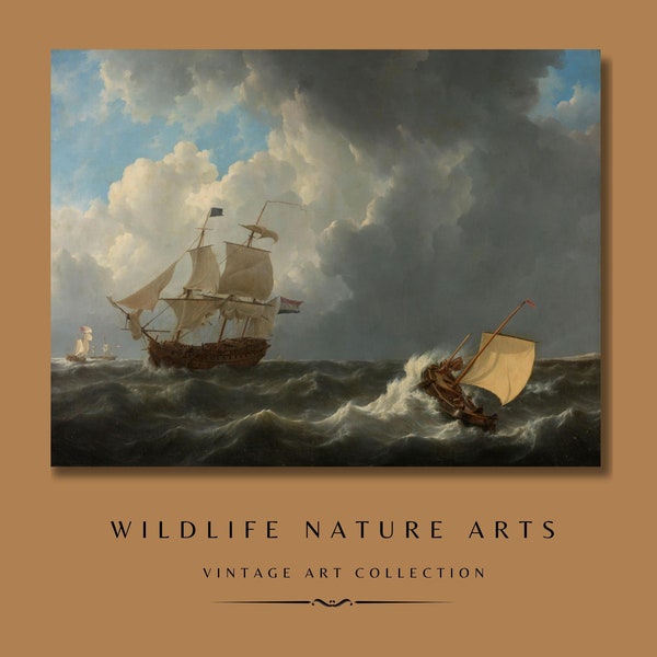 Klassische Kunst, Seelandschaft Kunstdruck, Schiffe in turbulenter See, Gemälde von 1800 auf mattem Papier in Museumsqualität gedruckt, Kunstdruck