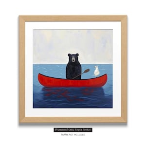Poster in carta opaca premium con orso nero e gabbiano in canoa