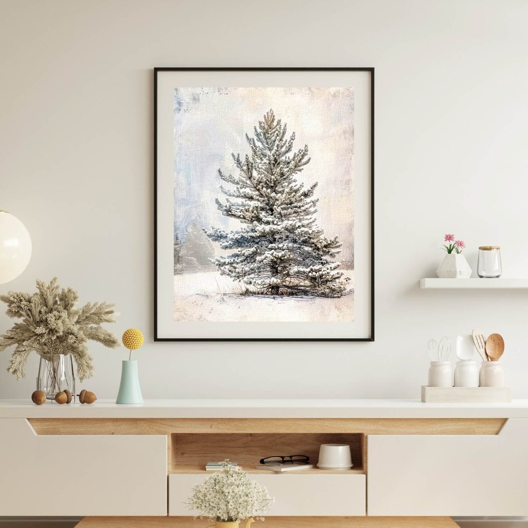 PRINTABLE Muted Vintage Pine Tree Painting Digital Wall Art - Etsy
