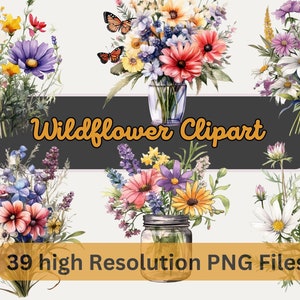 Watercolor Wildflower Clipart Bundle Wildflower Print Plant Lover Gift Spring Floral PNG for Sublimation, Instant Download, Commercial Use