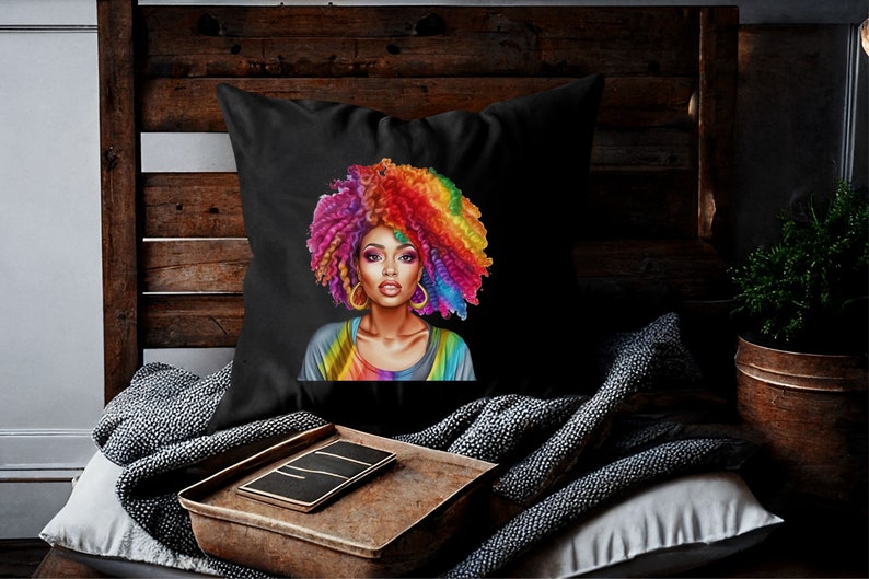 May include: A black throw pillow with a colorful illustration of a woman with rainbow hair. The woman is wearing a rainbow shirt and has a colorful background.