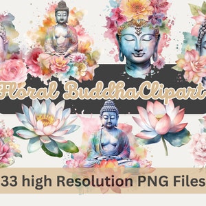 Watercolor Floral Buddha Clipart Bundle PNGs Buddhism, Spiritual, Thailand Art Spring Flower Instant Download for Commercial Use