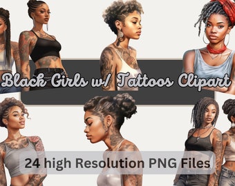 Aquarelle Filles noires avec tatouages Clipart Bundle Black Girl Clipart Fashion Girl PNG Planner Autocollant Afro-Américain Fille Autocollants