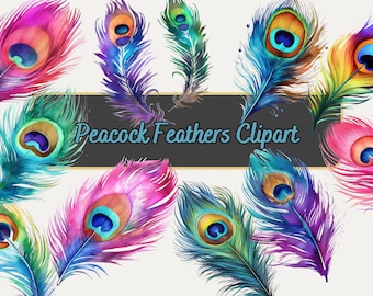 Watercolor Rainbow Peacock Clipart Bundle, Peacock Feather Clip Art Fantasy Clipart PNG Graphics Instant Download for Commercial Use