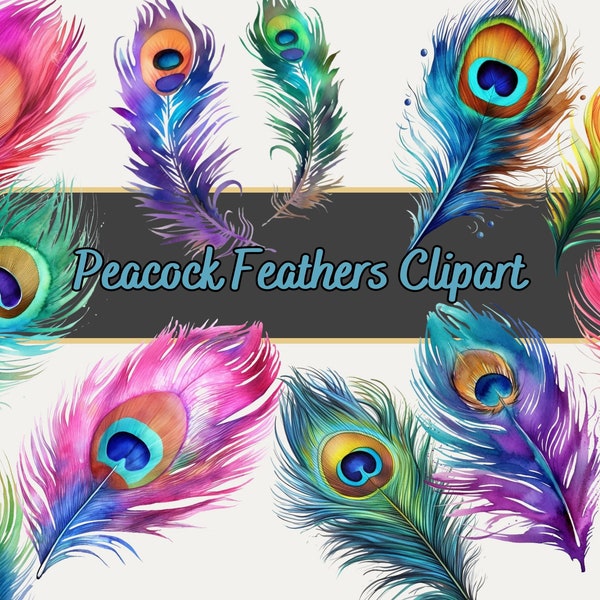 Watercolor Rainbow Peacock Clipart Bundle, Peacock Feather Clip Art Fantasy Clipart PNG Graphics Instant Download for Commercial Use