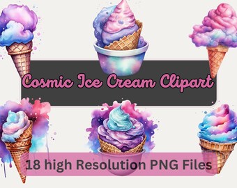 Watercolor Ice Cream Clipart Bundle, Cosmic Ice Cream Clip Art PNG Food Graphics for Sublimation Instant Download for Commercial Use