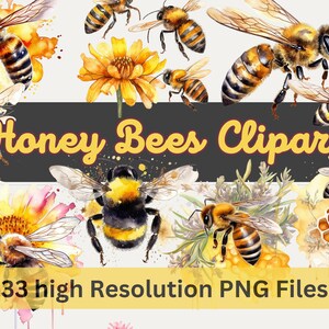 Honey Bee Watercolor Clipart PNGs for Digital Art, Scrapbooking, Print on Demand, Instant Download for Commercial Use