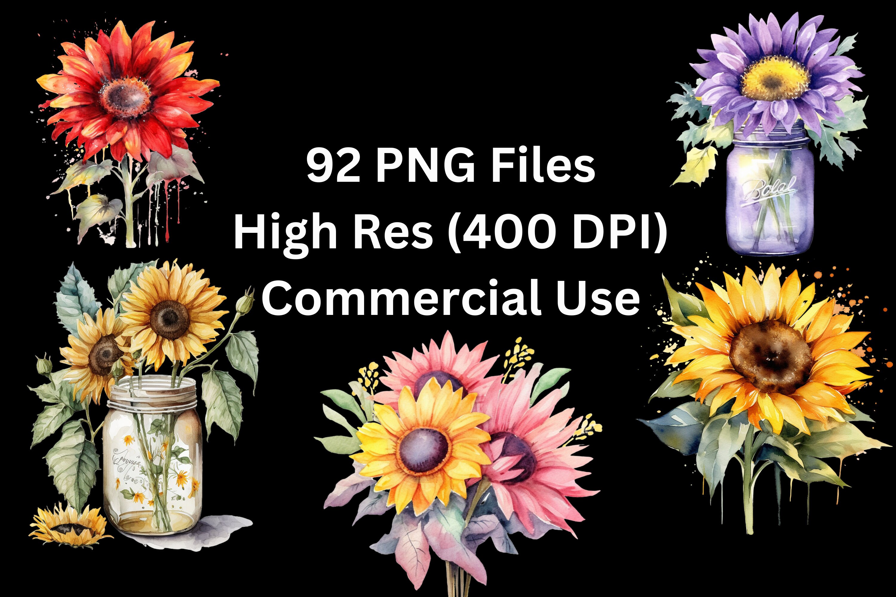 Sunflower Clipart Bundle Watercolor Sunflower PNG Wall Art Floral ...
