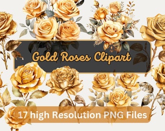 Watercolor Gold Roses Clipart Bundle Golden Roses Floral PNGs for Sublimation, Scrapbooking, Wall Art Instant Download, Commercial Use