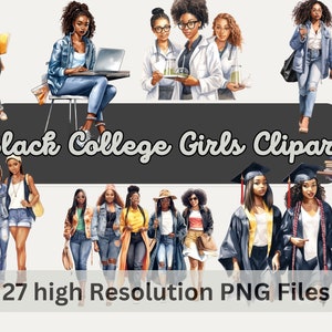 Paquete de imágenes prediseñadas de acuarela negra universitaria, imágenes prediseñadas de chica negra, para sublimación, scrapbooking, uso comercial, descarga instantánea