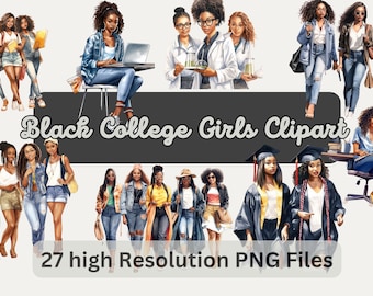 Watercolor Black College Girl Clipart Bundle, Black Girl Clipart,For Sublimation, Scrapbooking, Commercial Use, Instant Download