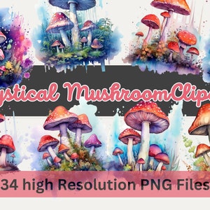 Mystical Magic Mushroom Watercolor Clipart Bundle PNGs Fantasy Watercolor Instant Download for Commercial Use