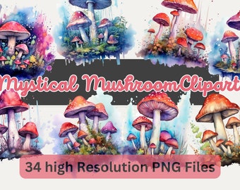 Mystical Magic Mushroom Watercolor Clipart Bundle PNGs Fantasy Watercolor Instant Download for Commercial Use