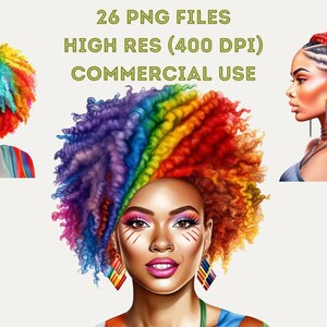 May include: A set of 26 digital illustrations featuring a woman with rainbow colored hair in different styles. The images are high resolution (400 DPI) and are for commercial use.