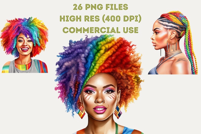 May include: A set of 26 digital illustrations featuring a woman with rainbow colored hair in different styles. The images are high resolution (400 DPI) and are for commercial use.