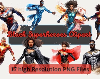 Watercolor Superhero Clipart Bundle Black Super hero Birthday Party Graphic Clip art PNG for Sublimation Comic Clipart Instant Download PNG