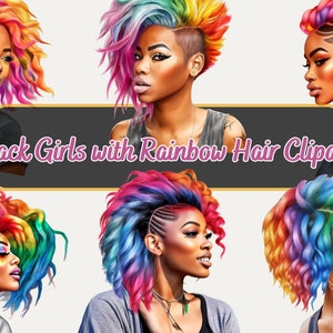May include: Six digital illustrations of Black women with rainbow colored hair. The women are depicted with different hairstyles, including braids, afros, and mohawks. The background is white.