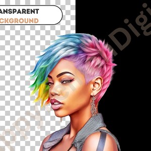 May include: A woman with a short, colorful hairstyle. Her hair is blue, pink, yellow, and green. She is wearing a gray tank top and has a black strap on her arm. She is looking to the side.
