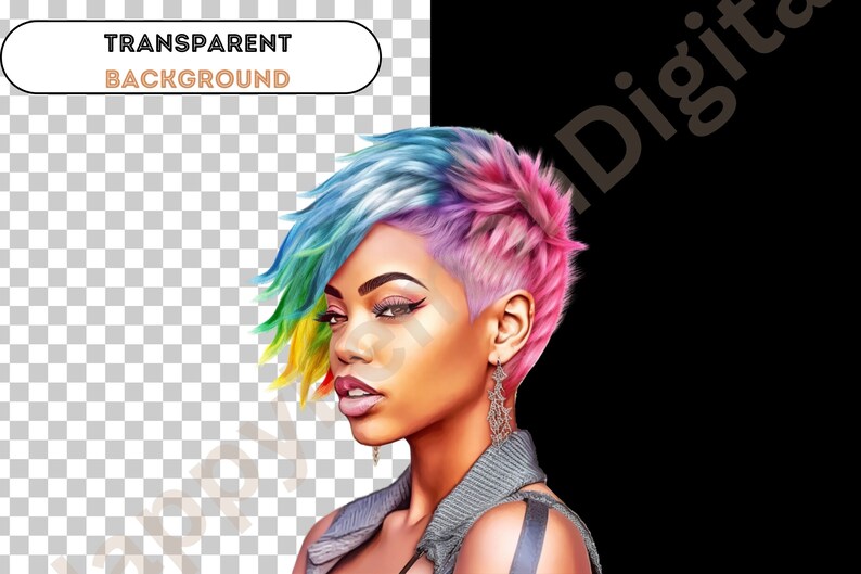 May include: A woman with a short, colorful hairstyle. Her hair is blue, pink, yellow, and green. She is wearing a gray tank top and has a black strap on her arm. She is looking to the side.