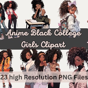 Paquete de imágenes prediseñadas de acuarela anime Black College Girl, imágenes prediseñadas de chica negra, para sublimación, pegatinas, uso comercial, descarga instantánea