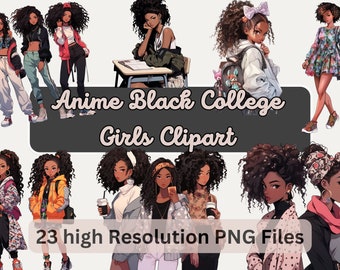 Watercolor Anime Black College Girl Clipart Bundle, Black Girl Clipart,For Sublimation, Stickers, Commercial Use, Instant Download