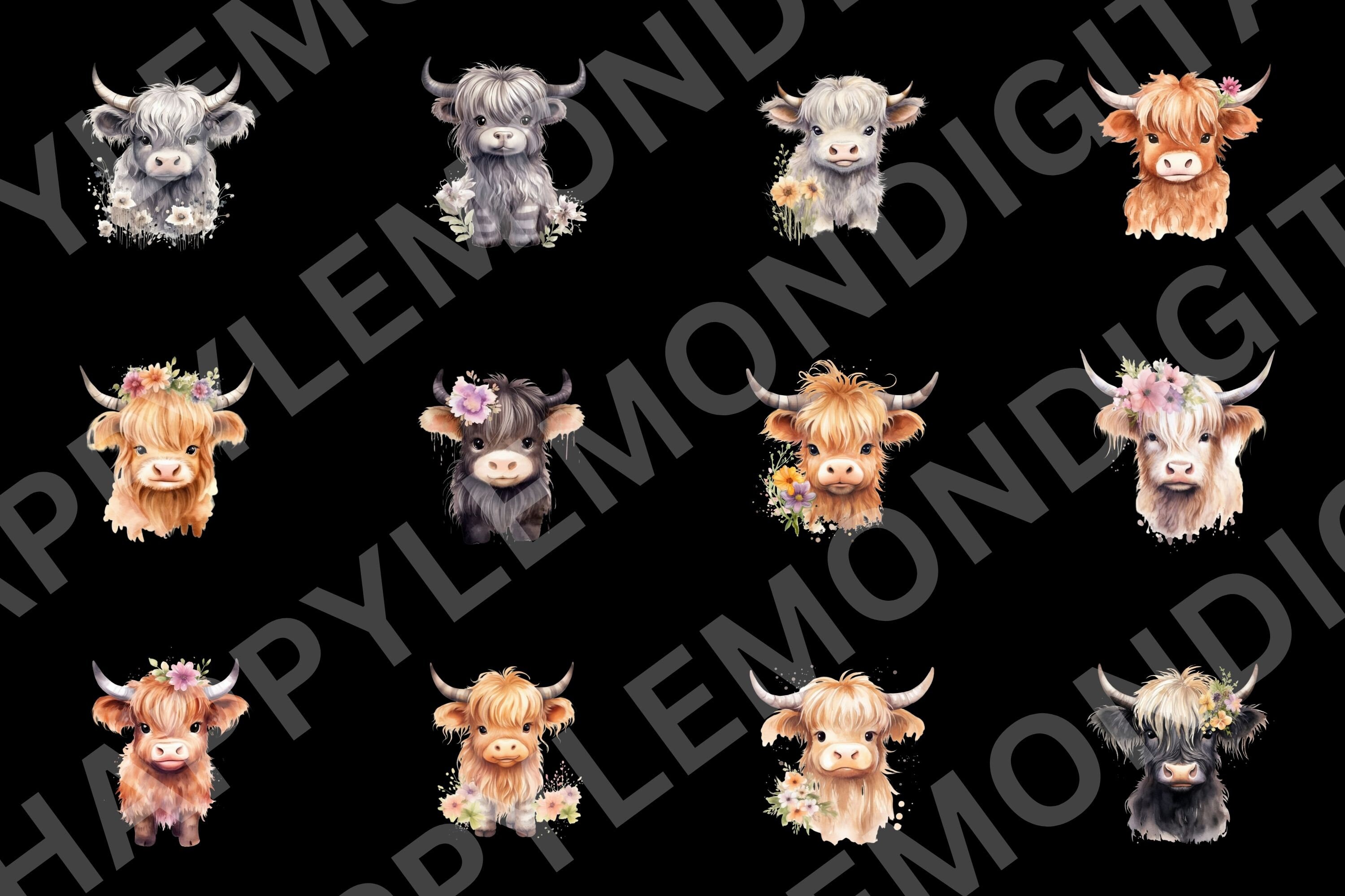 Cute Baby Highland Cow Watercolor PNG Clipart Bundle, Cow Wall Art ...