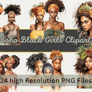 Boho Black Girls Clipart Bundle, Aquarell Mädchen Clipart für Sublimation, Scrapbooking, druckbare Kunst, kommerzielle Nutzung, sofortiger Download