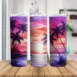 Tropical Sunset Tumbler Sublimation PNG Purple Sunset Tumbler Wrap PNG 20 oz Skinny Tumbler Design for Print on Demand Instant Download