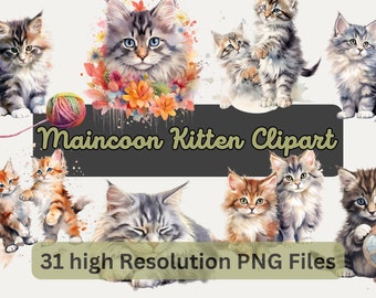 Watercolor Kitten Clipart Bundle, Cute Maincoon Cat Digital Art, Spring Floral Art For Sublimation, Commercial Use, Instant Download