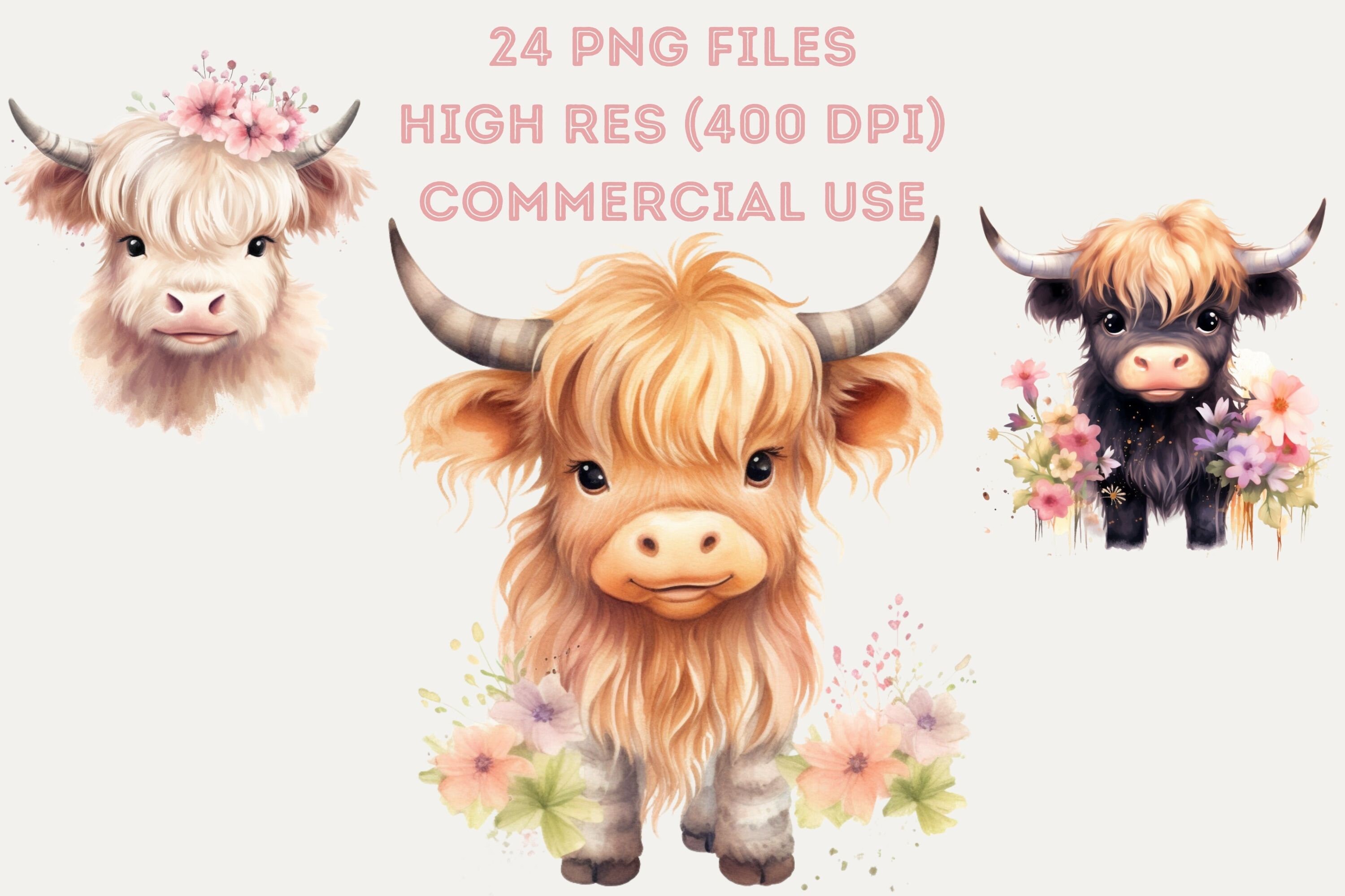 Cute Baby Highland Cow Watercolor PNG Clipart Bundle, Cow Wall Art ...