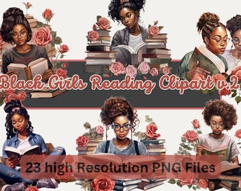 Watercolor Black Girl Reading Clipart Book Lover Art Black Girl Clipart for Sublimation, Scrapbooking, Commercial Use, Instant Download