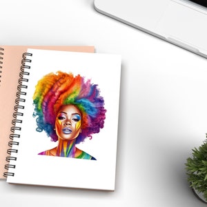 May include: A colorful illustration of a woman with a rainbow afro hairstyle and colorful makeup on her face.