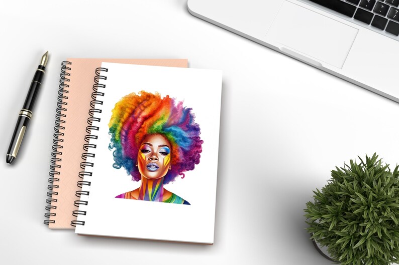 May include: A colorful illustration of a woman with a rainbow afro hairstyle and colorful makeup on her face.