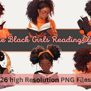 Aquarell Anime Black Girl Reading Clipart Bundle Buch Liebhaber Art Black Girl Clipart für Sublimation, kommerzielle Nutzung, Instant Download