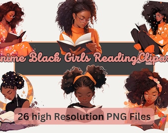 Acuarela Anime Black Girl Reading Clipart Bundle Book Lover Art Black Girl Clipart para sublimación, uso comercial, descarga instantánea