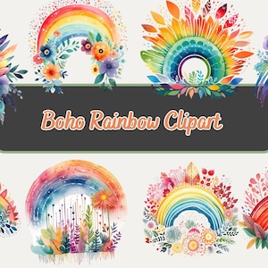 Pode incluir: Um conjunto de 7 imagens de clipart de arco-íris em aquarela. Cada arco-íris é decorado com flores, folhas e outros elementos botânicos. Os arco-íris são de várias cores, incluindo vermelho, laranja, amarelo, verde, azul, índigo e violeta.