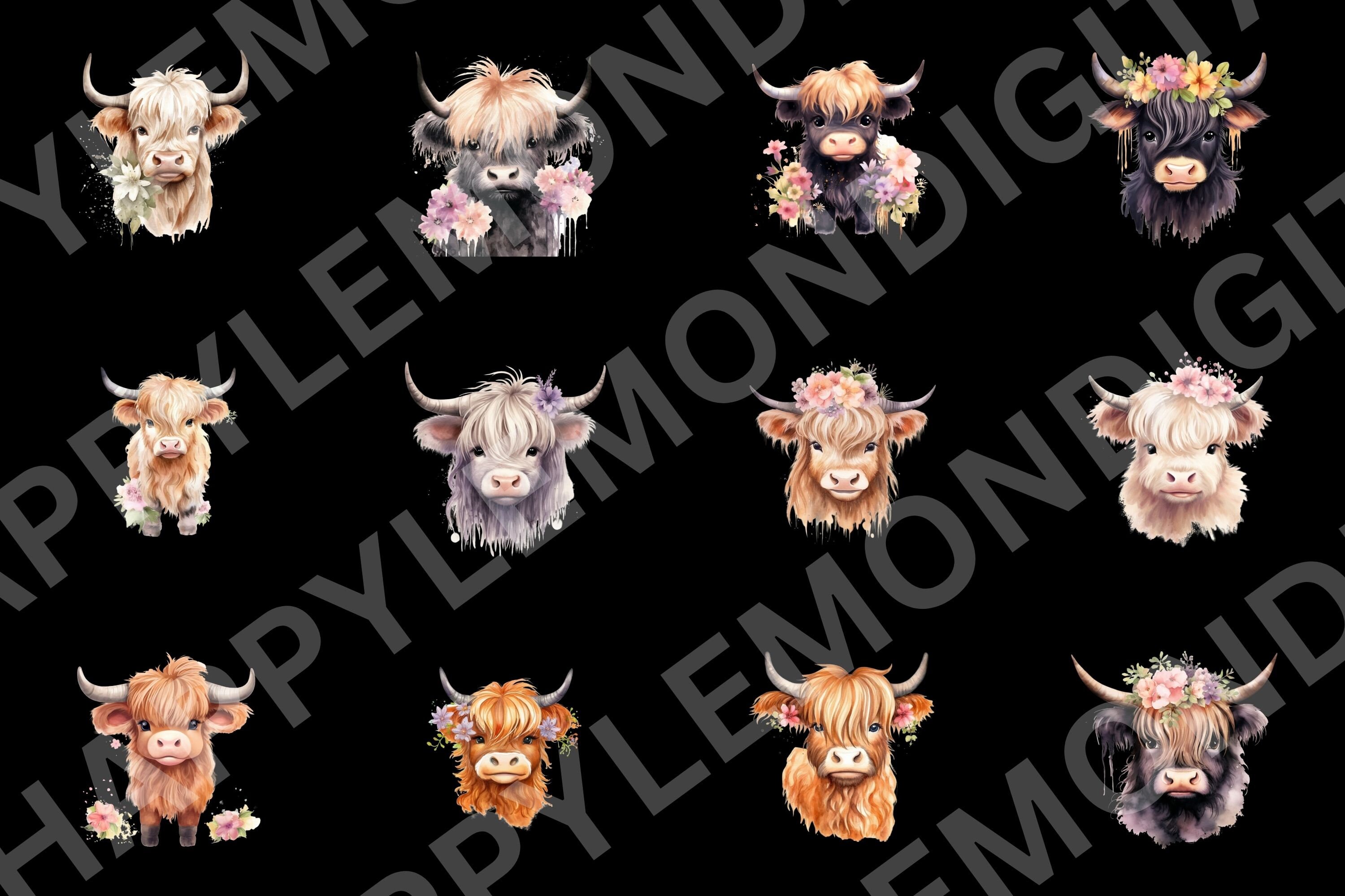 Cute Baby Highland Cow Watercolor PNG Clipart Bundle, Cow Wall Art ...
