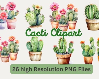 Planta Clipart Acuarela Cactus Planta Interior Jardinería Planta Amante Cactus Pared Arte Cactus Impresión Digital Arte Descarga Instantánea Uso Comercial