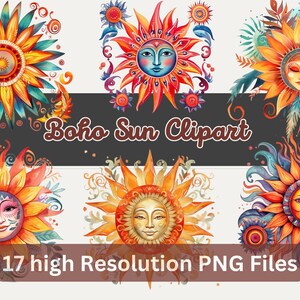 Watercolor Boho Sun Clipart Bundle Sun PNG Spring, Summer Clip Art Instant Download for Sublimation, Scrapbooking, Wall Art, Commercial Use