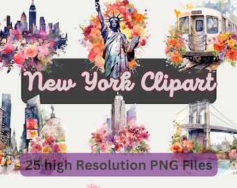 New York Watercolor Clipart Bundle, Spring Floral PNGs for Digital Art, Scrapbooking, Print on Demand, Instant Download for Commercial Use