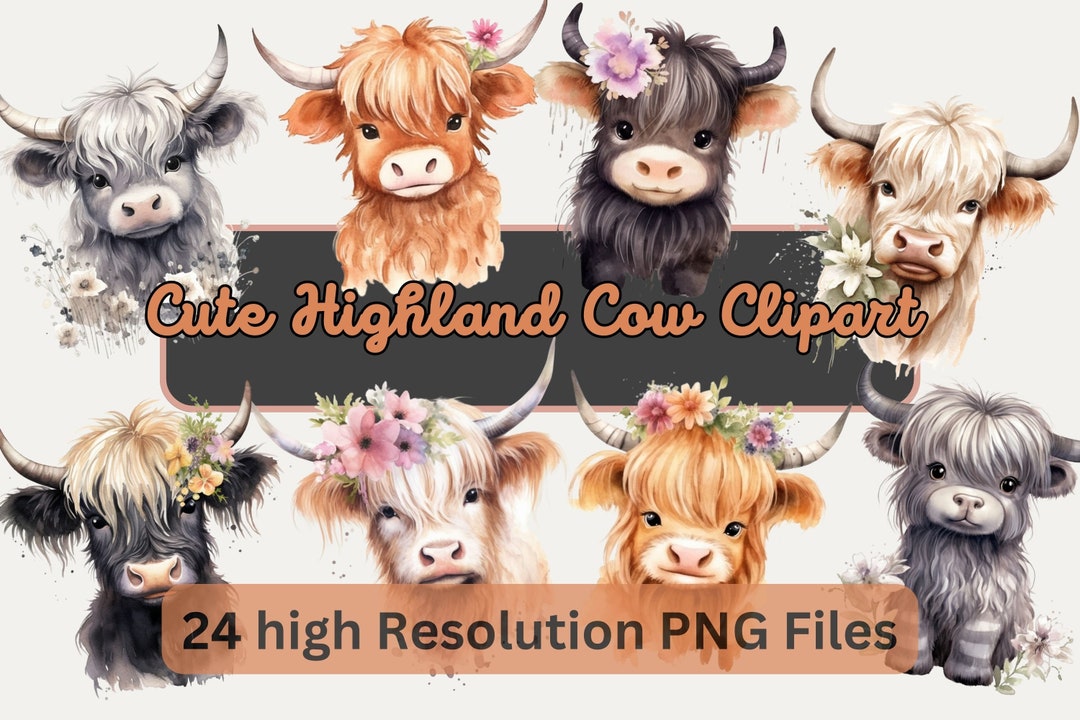 Cute Baby Highland Cow Watercolor PNG Clipart Bundle, Cow Wall Art ...
