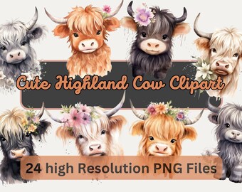 Cute Baby Highland Cow Watercolor PNG Clipart Bundle, Cow Wall Art,Highland Cow Nursery Wall Art, Sublimation Graphic for Commercial Use