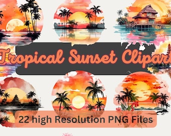 Tropical Sunsets Watercolor Clipart PNG Sublimation for Commercial Use, Instant Download