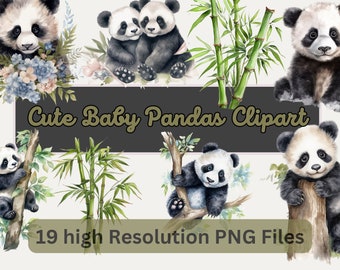 Watercolor Panda Clipart Bundle, Cute Baby Pandas Digital art for Sublimation Digital Prints, Planner Stickers, Nursery Wall Art
