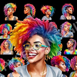 May include: A digital illustration of a woman with a rainbow afro hairstyle. The woman is smiling and wearing glasses. The background is black and features multiple images of women with different rainbow hairstyles.