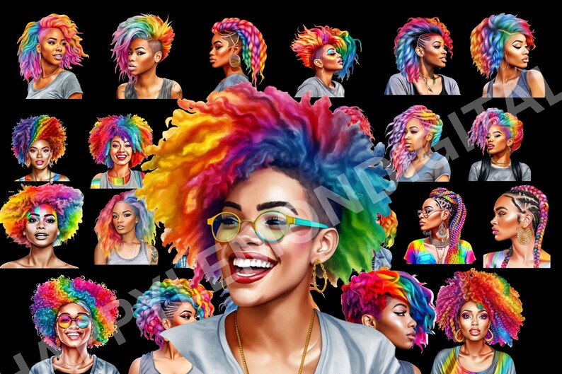 May include: A digital illustration of a woman with a rainbow afro hairstyle. The woman is smiling and wearing glasses. The background is black and features multiple images of women with different rainbow hairstyles.