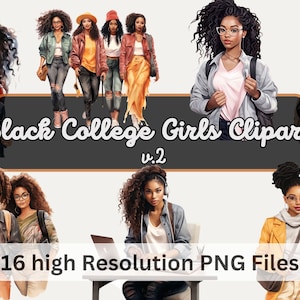 Paquete de imágenes prediseñadas de acuarela negra universitaria, imágenes prediseñadas de chica negra, para sublimación, diario basura, pegatinas, uso comercial, descarga instantánea