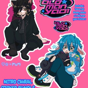 以下が含まれることがあります： ピンク色の背景に、アニメスタイルのイラストが描かれたステッカーセット。Towa Cat、Bunny Aoba、2つの「old man yaoi」ステッカーが含まれています。「NITRO CHIRAL STICKER BUNDLE」の文字も表示されています。