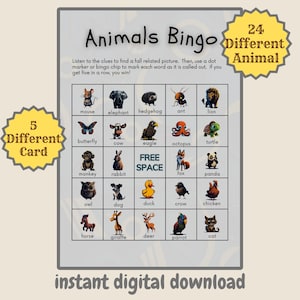 Animals Bingo Game, Printable Party Game, Summer Activities and Games