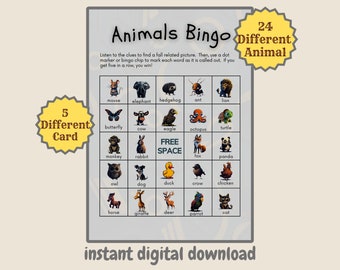 Tiere-Bingo-Spiel, druckbares Partyspiel, Sommeraktivitäten und Spiele